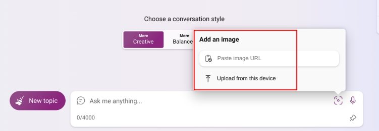 upload local image or paste image url in bing chat