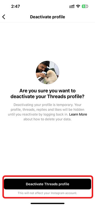 deactivate threads account confirmation