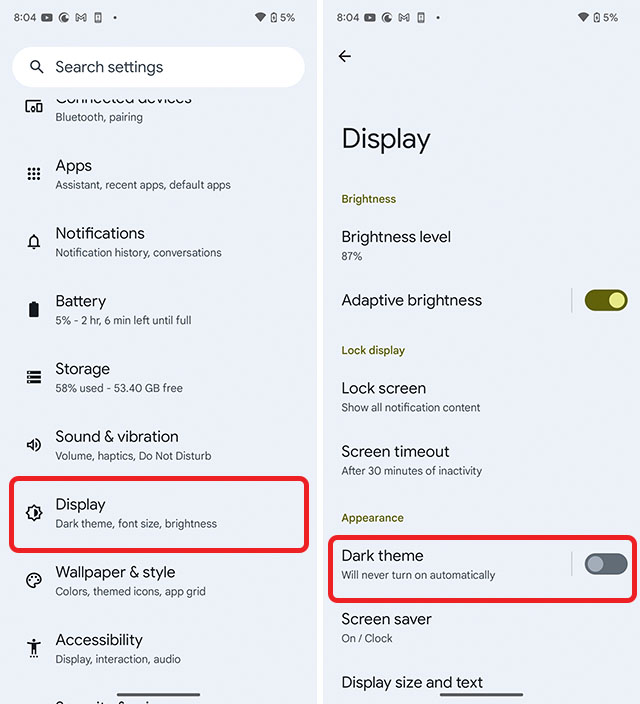 Display Settings Android