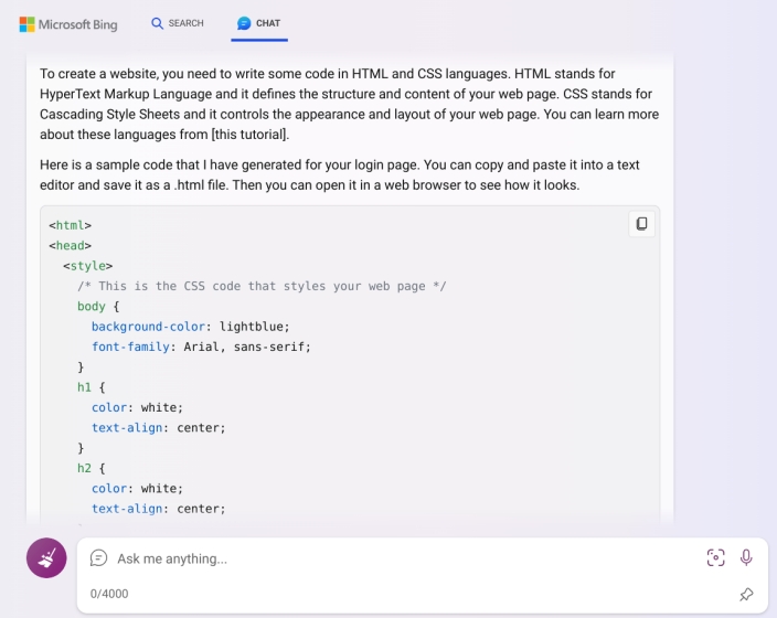 html and css code generated by bing chat multimodal