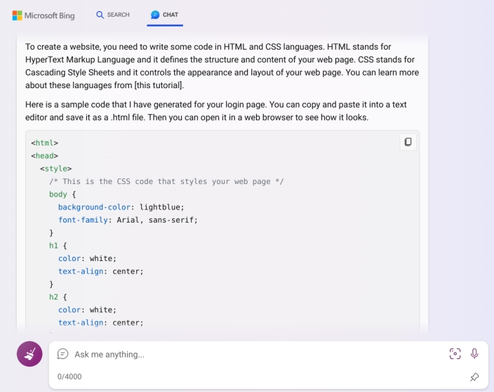 html и css-код, сгенерированный bing chat multimodal