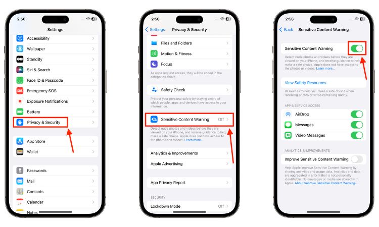 Enabling sensitive content warning in iOS 17 on iPhone