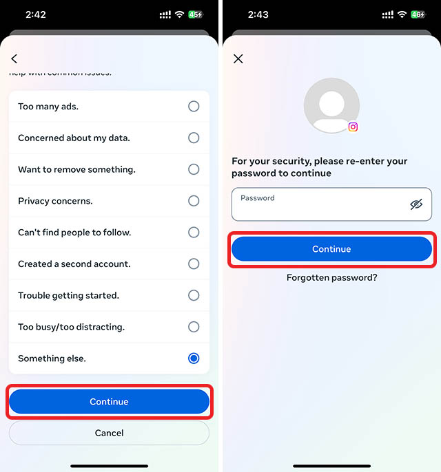 enter account password to delete threads account