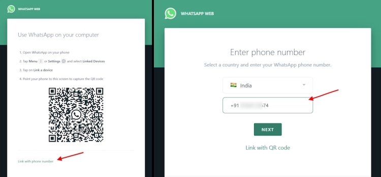 click link with phone number option and enter phone number on whatsapp web