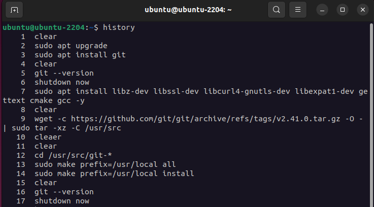 Using the history command to view the Linux command history