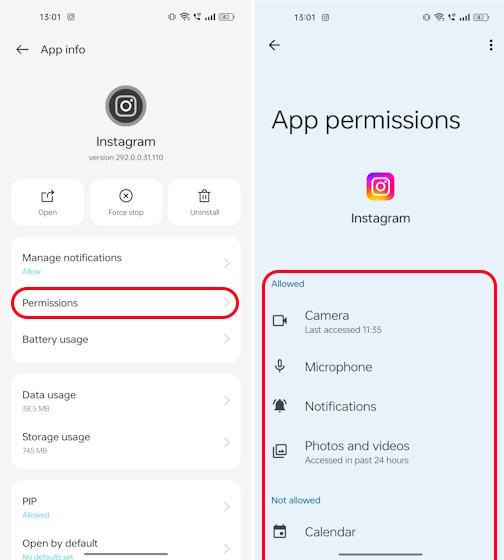 Allowed and not allowed permissions for Instagram on Android