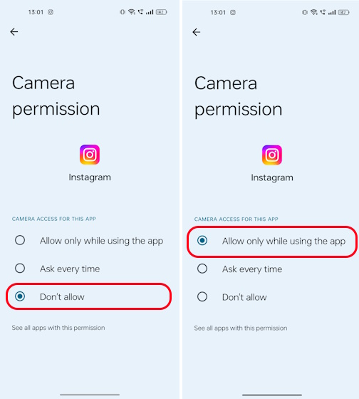 Allowing Instagram to access device camera