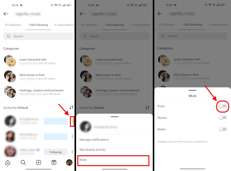 Toggling on mute on Instagram profiles