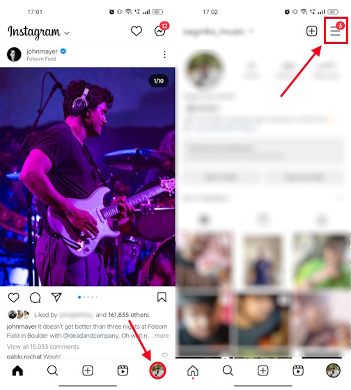 Profile and hamburger icon on Instagram Mobile app