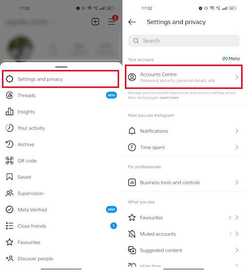 Settings and privacy tab on Instagram