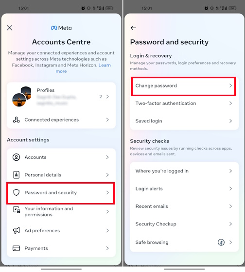 Password and security tab to change password on Instagram