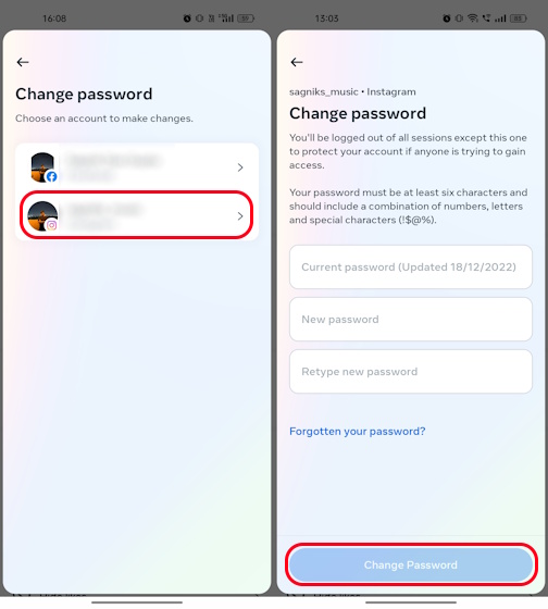 Adding new password on Instagram