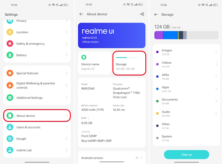 Checking Android device storage space