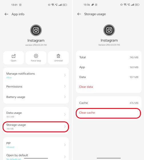 Clearing Instagram cache files on Android