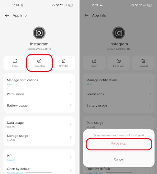 Force stop Instagram option on Android