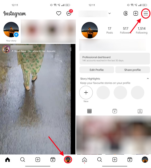 Hamburger menu on Instagram for Android