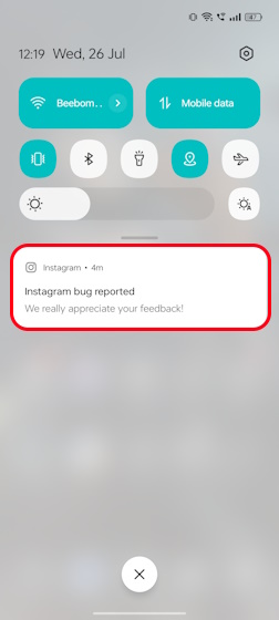 Instagram bug reported notification on Android