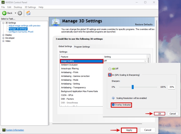 Image Scaling Settings in NVIDIA Control Panel