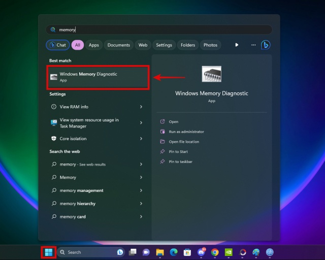 Opening Memory Diagnostic Tool in Windows 11 by using search