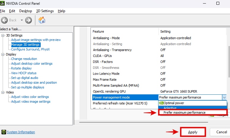 Changing Power Management Mode in NVIDIA Control Panel