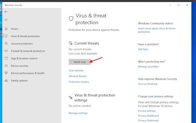 quick scan in windows security on windows 10