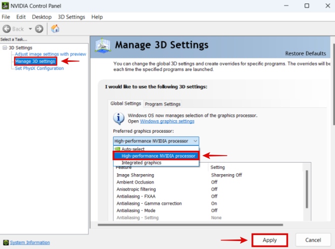 Setting Preferred GPU in NVIDIA Control Panel