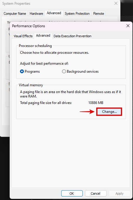 Virtual Memory Settings in Windows 11 System Properties