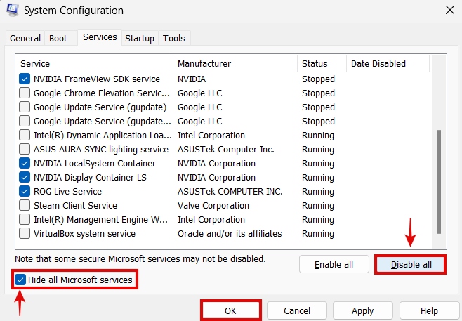 Disabling Non Microsoft Services in System Configuration Utility of Windows 10 