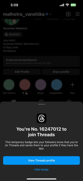 Threads app badge on Instagram