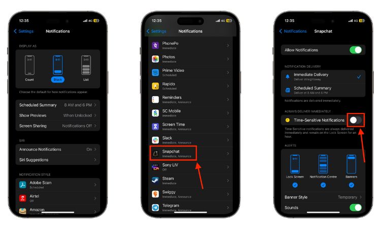 Turn off time sensitive notifications for Snapchat on iPhone  