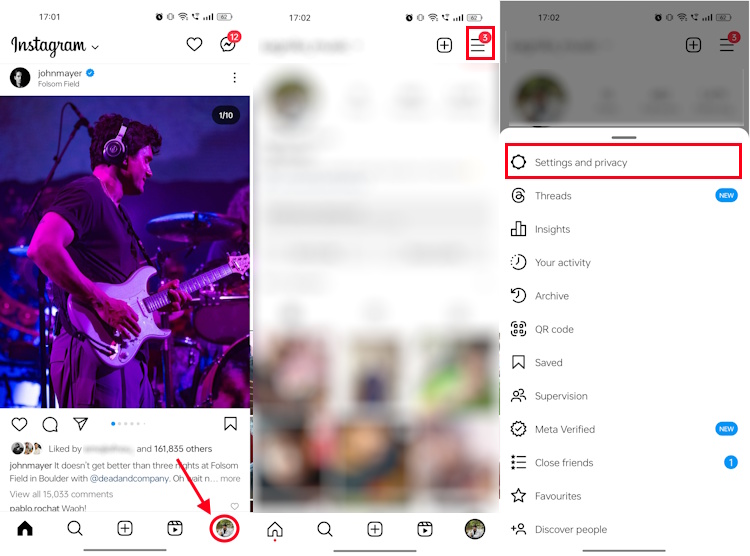 Finding the Settings and privacy panel on Instagram