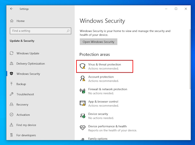 virus and threat management setting in windows 10