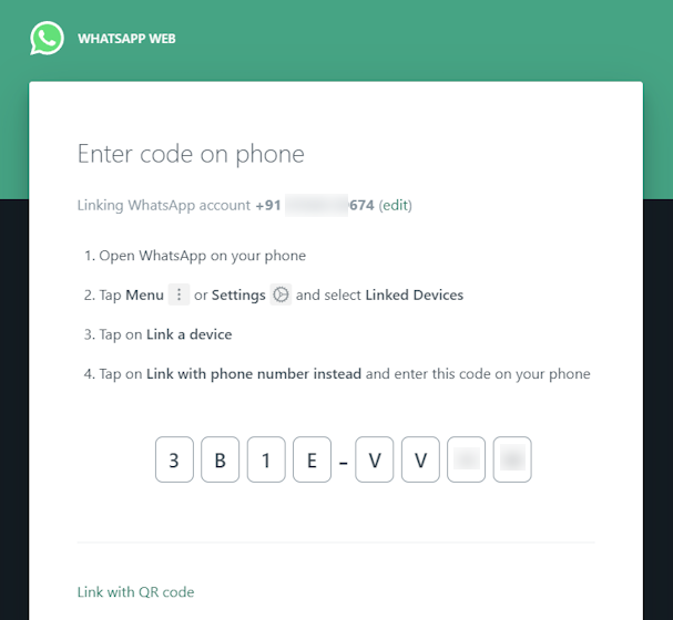 whatsapp web - log in with phone number