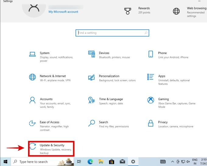 windows update option in windows 10 settings app