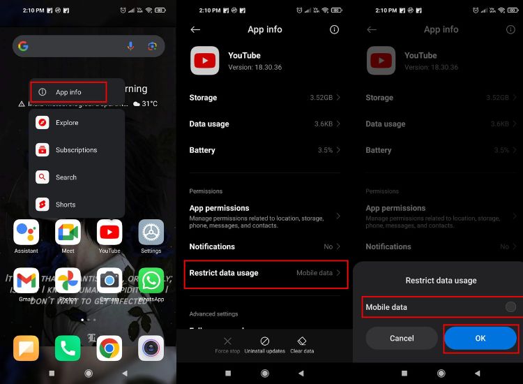 turn off restrict data usage for youtube app in MIUI