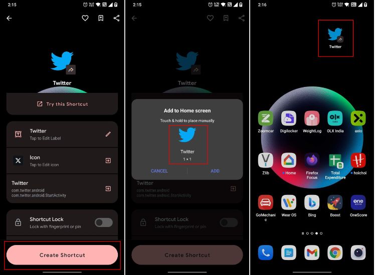 place the twitter bird icon on your android home screen