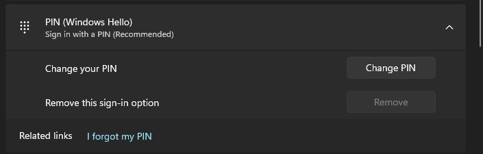 PIN remove option greyed out in windows 11