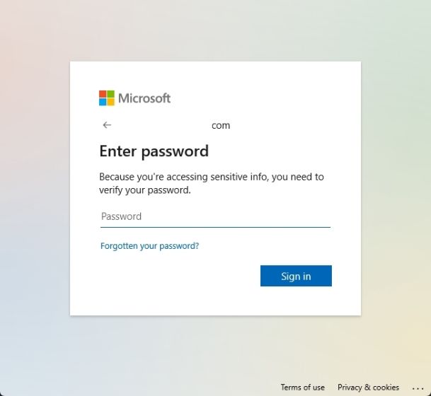 enter microsoft account password to reset PIN