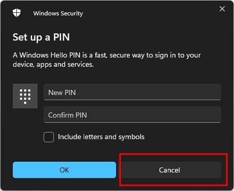 click on cancel in the PIN setup screen
