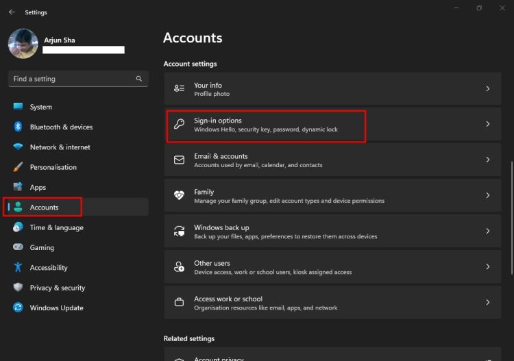 open sign-in options in windows 11 settings