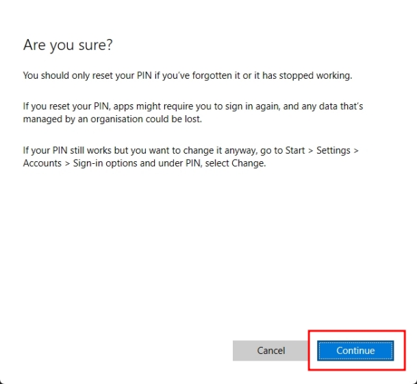 continue before resetting PIN on windows 11