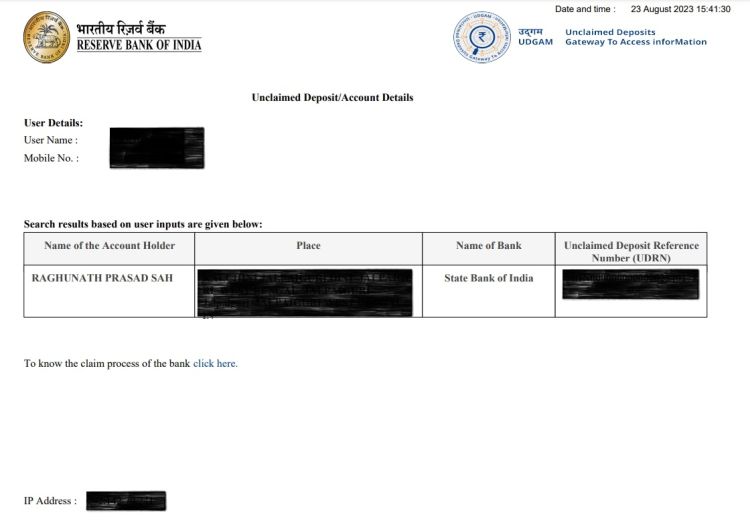 unclaimed deposit certificate from RBI