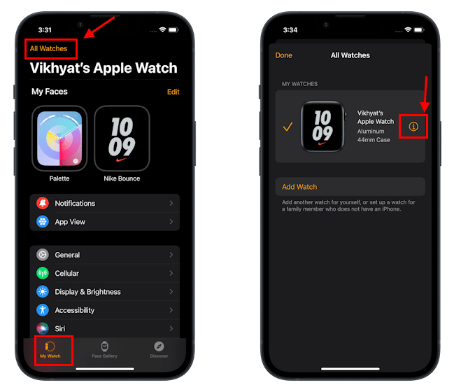 All Watches option in the the Watch app on iPhone