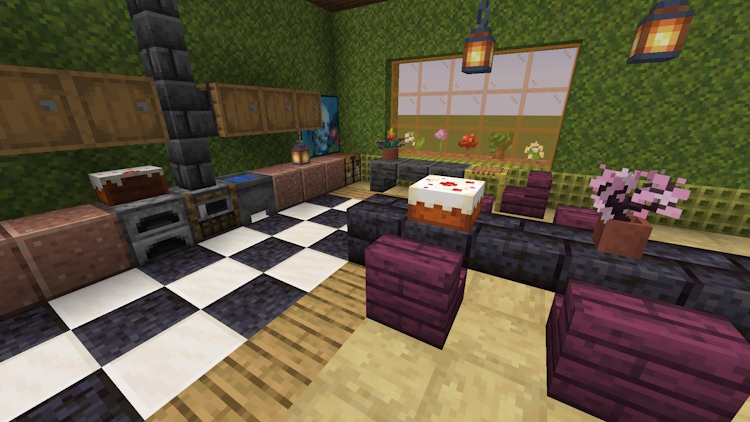 Decorated house interior including cake in Minecraft