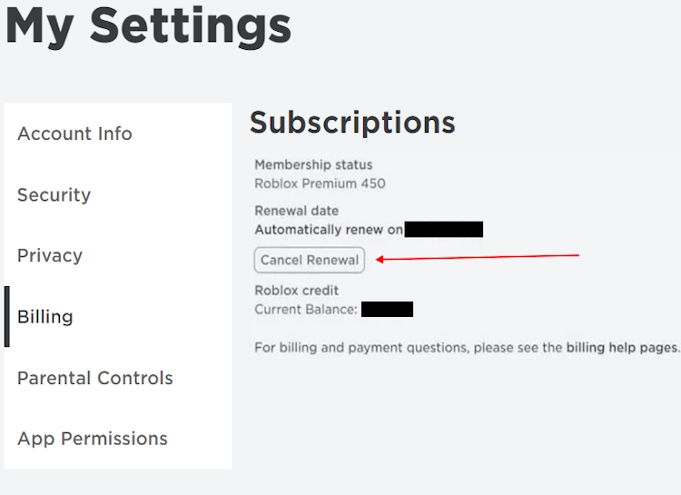 Cancel Premium subscription option in Roblox website