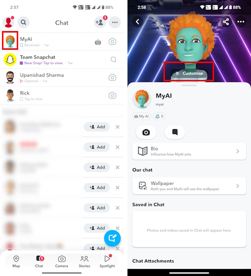 Customize button for My AI on Snapchat