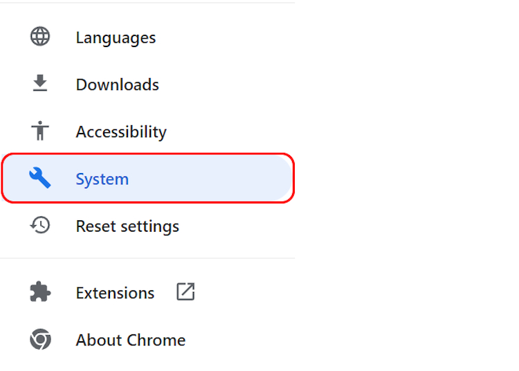 System settings on Google Chrome