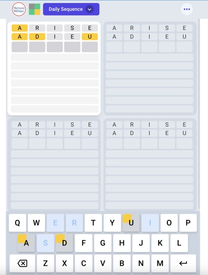 A screenshot of quordle sequence mode