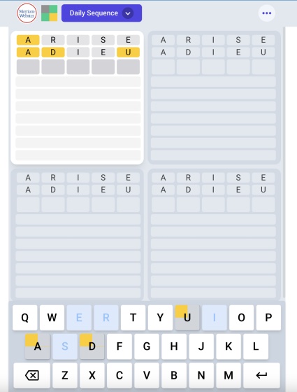 A screenshot of quordle sequence mode 