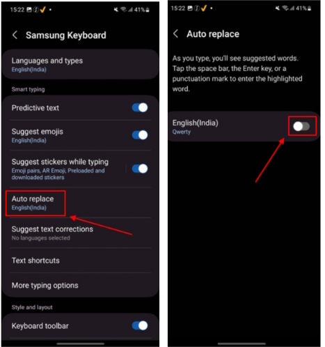 Disable Auto Replace on Samsung smartphones
